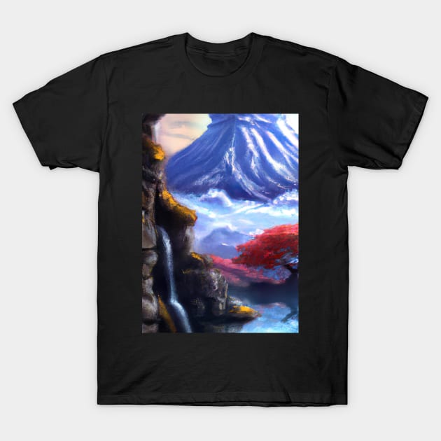 Japan Tower Waterfall Painting T-Shirt by maxcode